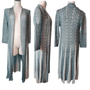 Adore Duster Cardigan Gray White Metallic Crochet Lace Knit Whimsy Maxi Size S